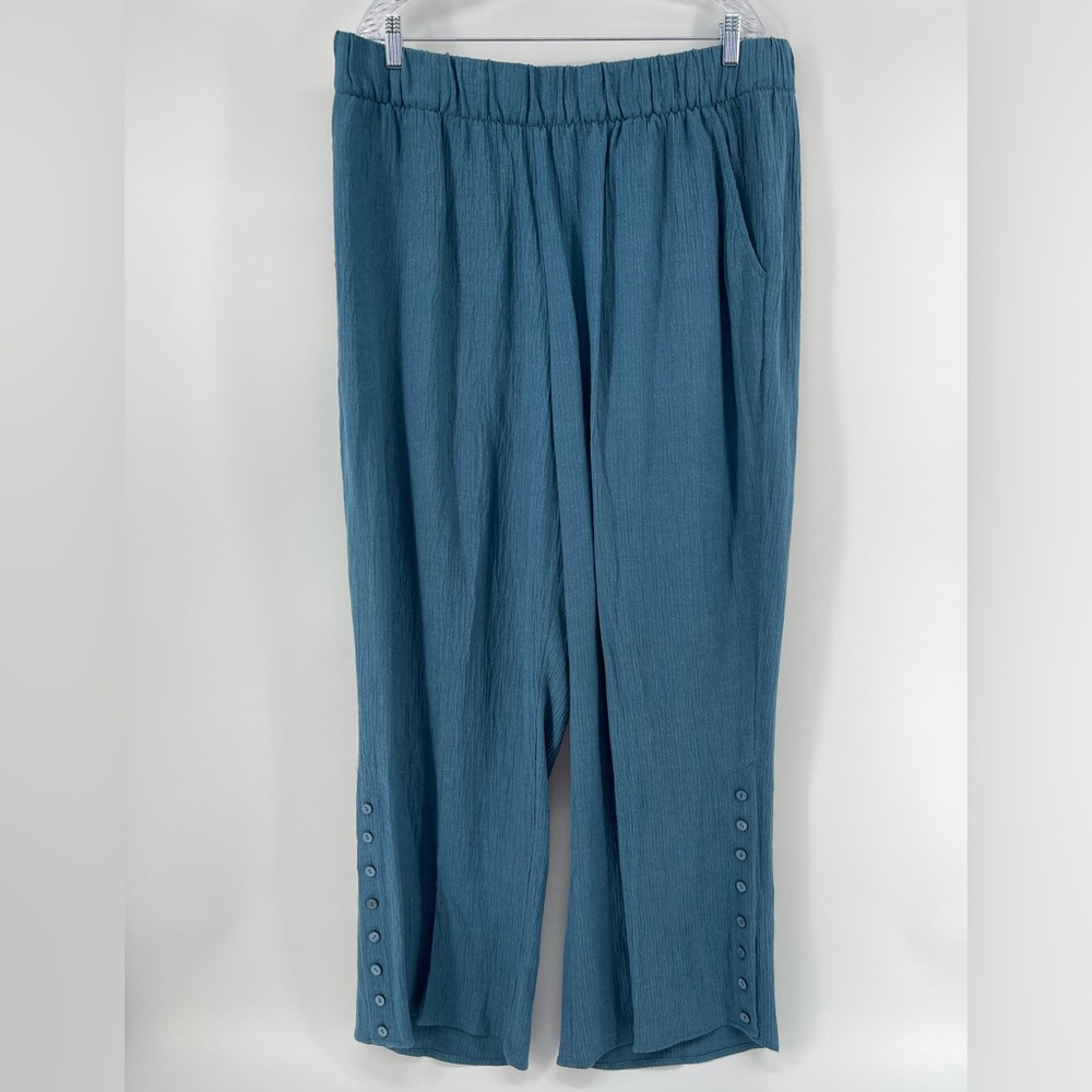 Soft Surroundings Oceo Gauze Wide-Leg Pull-On Pants, Teal Blue, Women's 1X